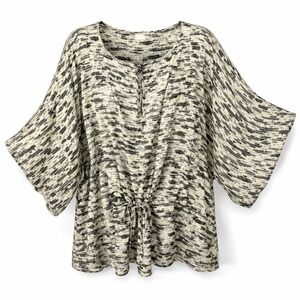 MICHAEL KORS 3X Drawstring Peplum Kimono Sleeve‎ Blouse Top Black White Print